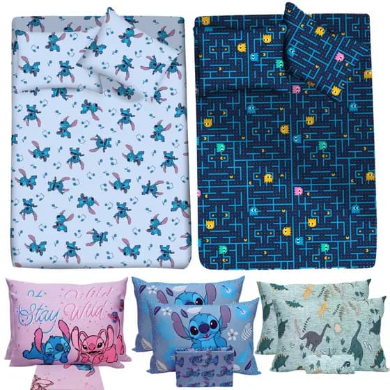 Jogo de Cama Casal Malha | Estampas Lilo & Stitch, Pac-Man, Dinossauro | 3 Peças com Fronha