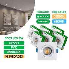 10 Luminária Spot 5W LED Quadrado Redondo Embutido Bivolt Cores Branco Frio Quente 3000K 6500K TEX INC