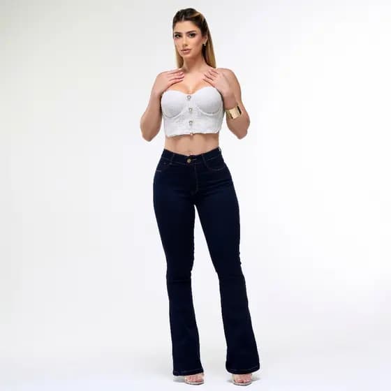 Calça Flare Jeans Feminina Com Elastano Cintura Alta Boca de Sino