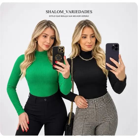 Kit 2 Blusas Malha Canelada Manga Longa Gola Alta Segunda Pele Blusinha Blusa Frio Cacharrel Blusa de Malha Meia Estação