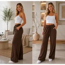 Calça Pantalona Feminina Lãnzinha Bolso Lateral Cintura Alta Elastica Calça Lanzinha Pantalona Feminina Lã Confortável