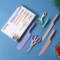 Kit facas de cozinha/Churrasco Profissional Antiaderente 6 Peças  Inox  Preto/colorido