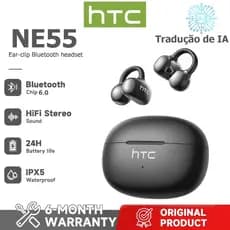 Fone de ouvido Bluetooth HTC NE55 AI Translator, fone de ouvido Bluetooth 6.0, qualidade de som HiFi, tradução de vídeo