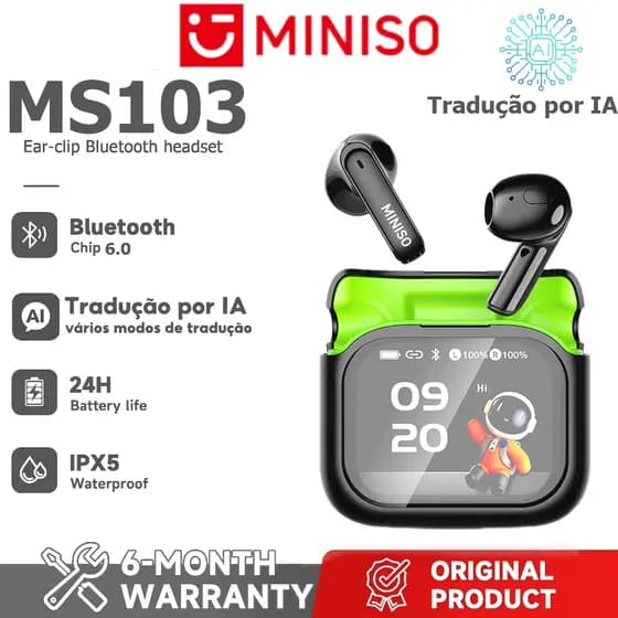 1 ano de garantia MINISO MS103AI Tradução Fone de ouvido Bluetooth Versão Bluetooth 6.0 Tela HD Fone de ouvido multifunc