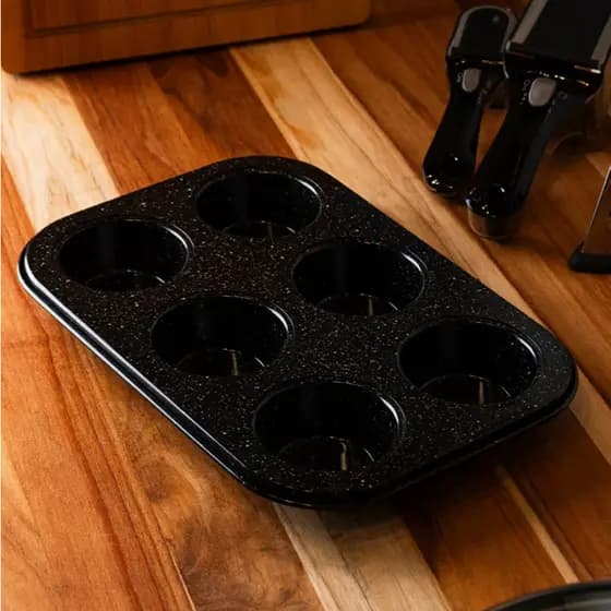 FORMA DE AÇO CARBONO ANTIADERENTE PARA CUPCAKE COM 6 CAVIDADES GRANILITE PRETO 26X18CM - LYOR - 220728