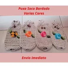 Puxa Saco em Tricot Artesanal Crochê Bordado Porta Sacolas Plásticas - 20 x 45 cm
