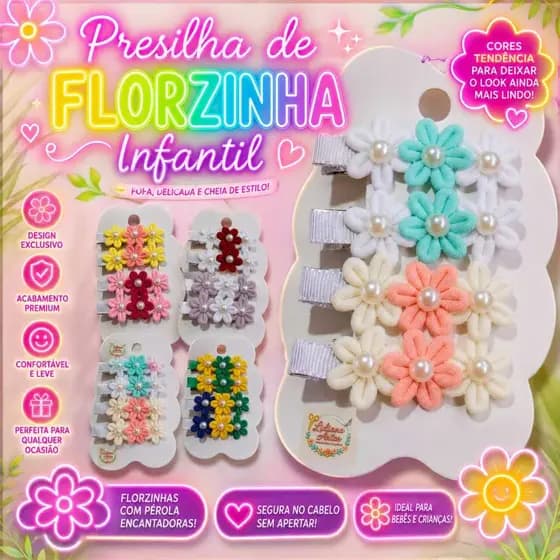 Presilha Infantil Florzinha com Pérola Kit 4 Unidades Bico de Pato Acessório de Cabelo. Bebê Menina Artesanal/Florzinha.