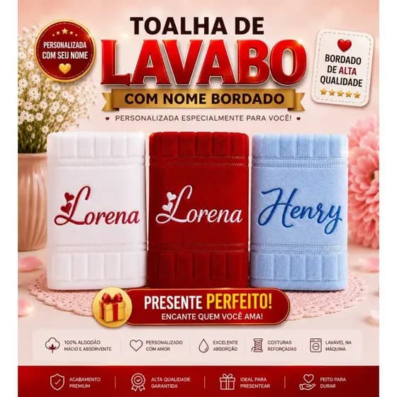 Toalha de Lavabo Personalizada com Nome Bordado | Bebê, Infantil e Adulto | Presente Exclusivo