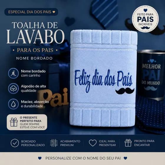 Toalha de Lavabo Döhler Bordada Personalizada Feliz Dia dos Pais ou Nome Bordado| Presente /Lembrança Exclusivo/Padrinho