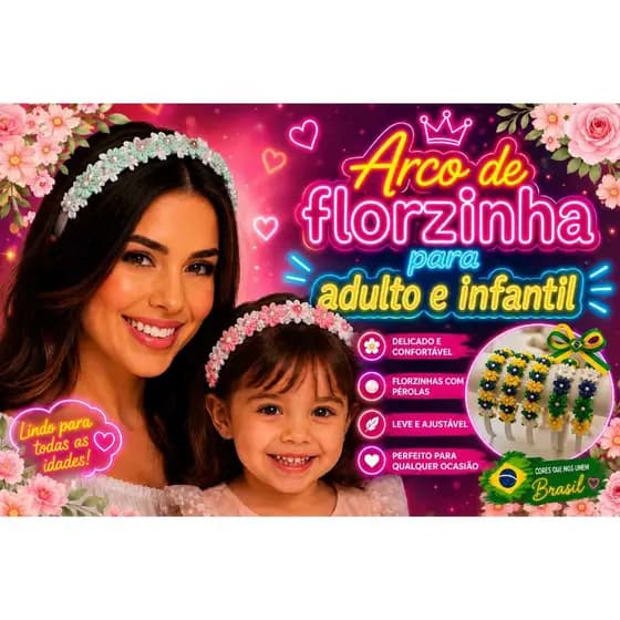 Arco Florzinha Infantil Adulto Festa Junina Brasil Tiara Artesanal Luxo Pérolas Faixa Cabelo Floral Criança