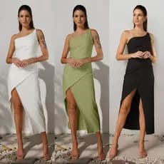 LXC Vestido Longo Feminino Elegante Alça de Ombro Único e Fenda Lateral Social