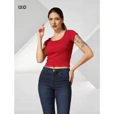 LXC Top femininos,Camiseta De Gola Redonda Sólida,Tops curta de malha feminina,Top Cropped Simples Algodão Ribana