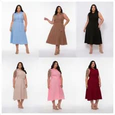 Vestido Plus Size Sem Manga com Cinto | Modelagem A-line | Tecido Luis Twill | Midi G1–G3 (6 Cores)