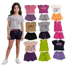 Kit Sortido 4 ou 6 Peças de roupa infantil menina (2 Camisetas + 2 Shorts ou 3 camisetas + 3 Shorts)