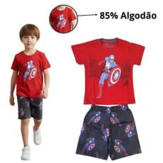Conjunto Infantil Menino Camiseta Shorts Capitão América Tamanho 2 ao 10