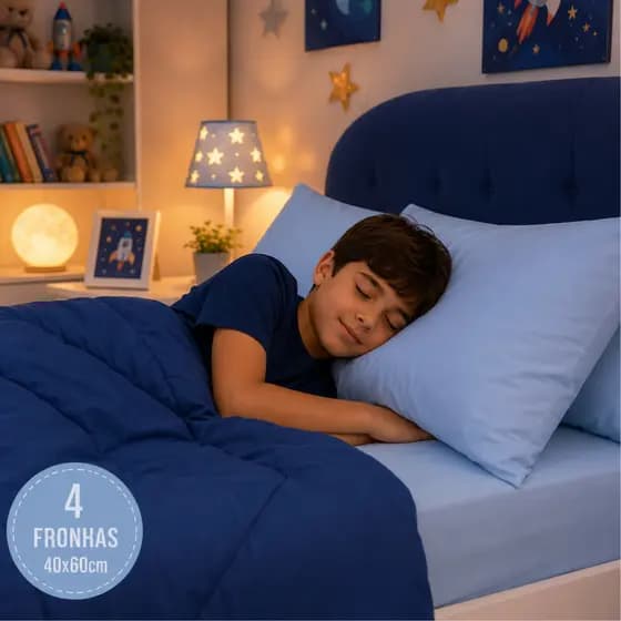 Kit 4 Fronha Infantil 40x60 Azul Toque De Algodão Antialérgica Com Zíper Criança Até 10 Anos