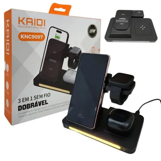 Carregador 3 Em 1 KAIDI  KNC-9097 Sem Fio Dock Station P/ Apple Watch Airpod iPhone Samsung - Carregador Por Indução