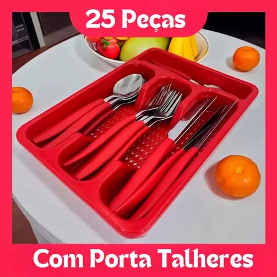 Conjunto Faqueiro Completo Jogo 17 Ou 25 Pçs Porta-Talher Compacto Moderno Funcional Cozinha Elegante