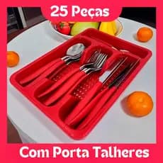 Conjunto Faqueiro Completo Jogo 17 Ou 25 Pçs Porta-Talher Compacto Moderno Funcional Cozinha Elegante
