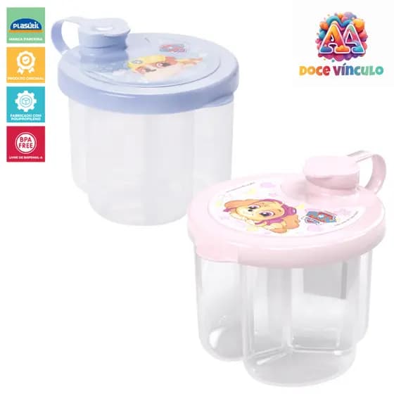 Dosador de Leite em Pó 3 Divisórias 300ml Patrulha Canina Baby BPA Free Portátil para Mamadeira
