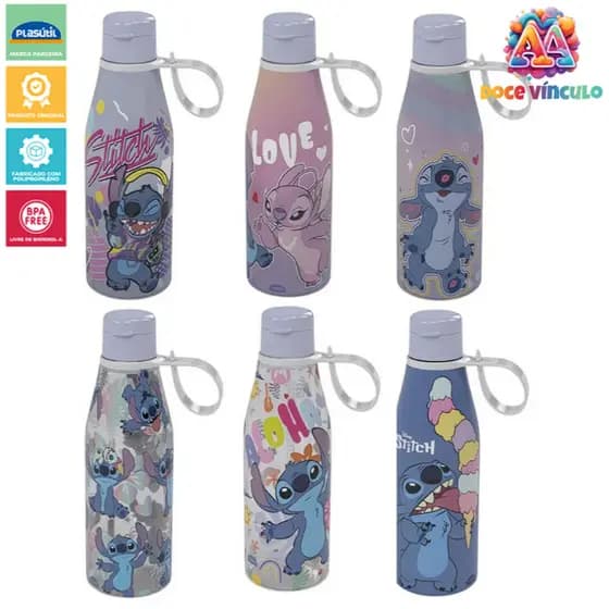 Garrafinha Infantil Plastico Stitch 530 ml Tampa Abre Fácil e Alça Plasútil