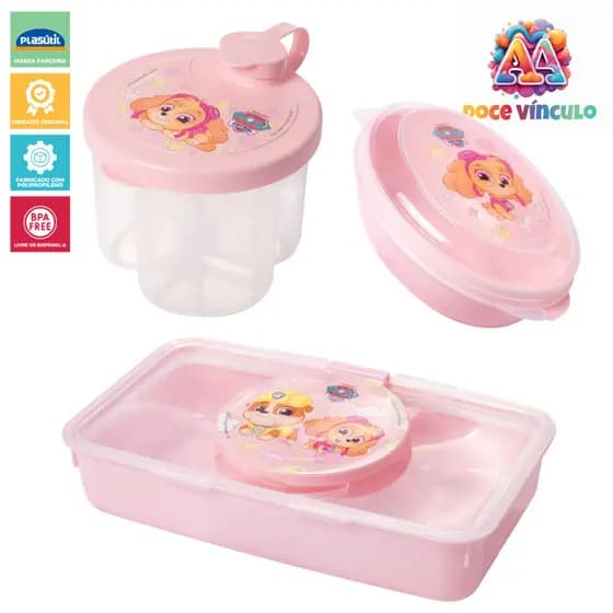 Kit Porta Lenços Umedecidos Saboneteira e Dosador de Leite Portátil Tampa Patrulha Canina Baby Rosa