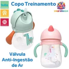 Copo Com Canudo Alça e Válvula Anti-Cólica Infantil Bebê Magic Dino Canudo de Silicone Buba