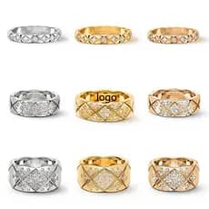 Anel de aço de titânio com verificação de diamante HT Anel de casal banhado a aço inoxidável banhado a ouro 18K
