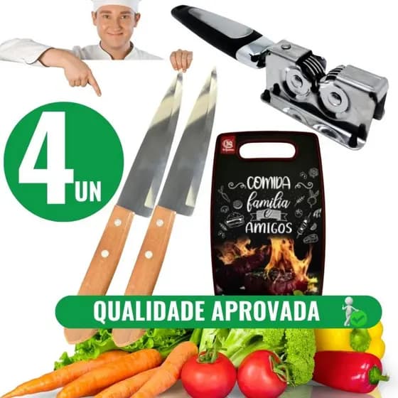 Conjunto De Utensílios De Cozinha Facas Afiador Amolador Tabua De Corta Carnes Legumes