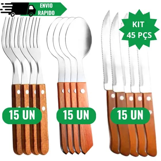 Jogo Talheres Cabo de Madeira 45 Peças Aço Inox Talheres duráveis Kit de talheres Conjunto de talheres de jantar