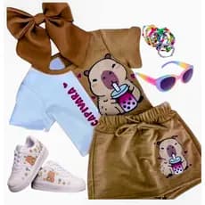 short saia conjunto infantil capivara moda verao