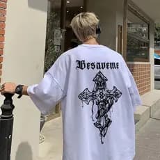 Camiseta Style Cruz Blusão Skatista Larga Manga Gola Redonda