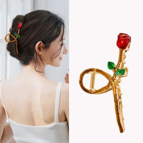 Piranha Rosa Vermelha Dourada Para Cabelo Elegante Garra Flor Vermelha Fashion Feminina Luxo