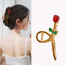 Piranha Rosa Vermelha Dourada Para Cabelo Elegante Garra Flor Vermelha Fashion Feminina Luxo