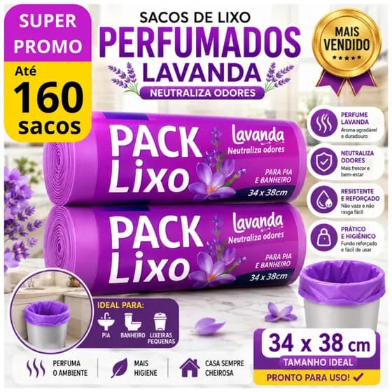 Saco de Lixo Perfumado Lavanda -- até 160 Un - Reforçados p/ Pia Banheiro Cozinha 34x38cm Anti Odor