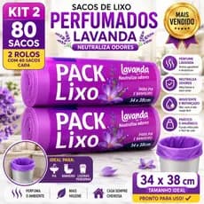 Saco de Lixo Perfumado Lavanda - 80 sacos - Kit 02 Rolos p/ Pia Banheiro Cozinha 34x38cm Anti Odor