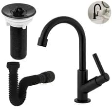 Kit Torneira Lavatorio Pia Banheiro ABS + Sifão 72cm Universal + Válvula Ralo 7/8 Preto