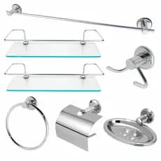 Kit Acessórios Para Banheiro Aço Inox 5 Peças + 2 Porta Shampoo Vidro Reto