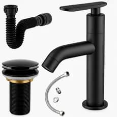 Kit Banheiro ABS Preto- Torneira Bica alta+ Ralo Válvula click 7/8 + Sifão + Engate 40CM