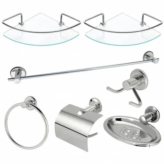 Kit Acessórios Para Banheiro Aço Inox 5 Peças + 2 Porta Shampoo Vidro Canto