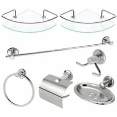 Kit Acessórios Para Banheiro Aço Inox 5 Peças + 2 Porta Shampoo Vidro Canto