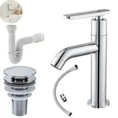 Kit Torneira Bica Alta Cromada+ Valvula Click abs + Sifão Universal + Engate Flexível 40cm