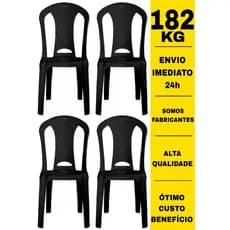 Jogo Kit 4 Cadeiras  Suporta 182kg de Plástico Bistrô Preta Igreja Buffets Lanchonetes Bar