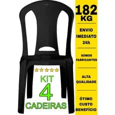 Jogo Cadeiras de Plástico 182Kg Preta Área De Lazer, Lanchonetes Empilhável Inmetro