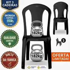 3 Cadeiras de Plástico 182kg Jogo Unidades Bistrô Preta Resistente Multiuso Rio Cadeiras