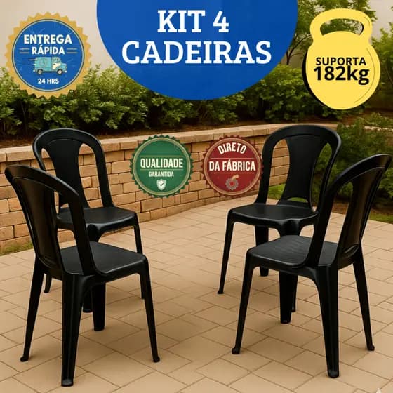 Jogo Kit 4 Cadeira Branca Preta 182kgs Plástica Bistrô Resistente