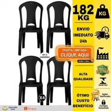 Kit Jogo 4 Cadeiras 182Kg Preta Plástica Bistrô Igreja Quiosque Bar Adega