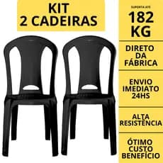 Kit Jogo 2 Cadeiras Plástica Resistente 182kg Bistrô de Plástico Preta Jardim Lanchonete