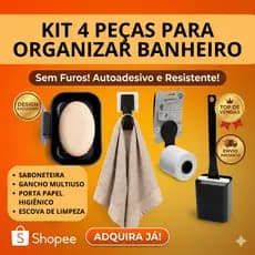 Kit Banheiro 4 em 1 Gancho Saboneteira Escova Silicone Porta Papel