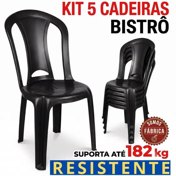 Cadeiras de Plástico Kit 5 un Resistente 182kg Comércio Igreja Bares Cor Preta